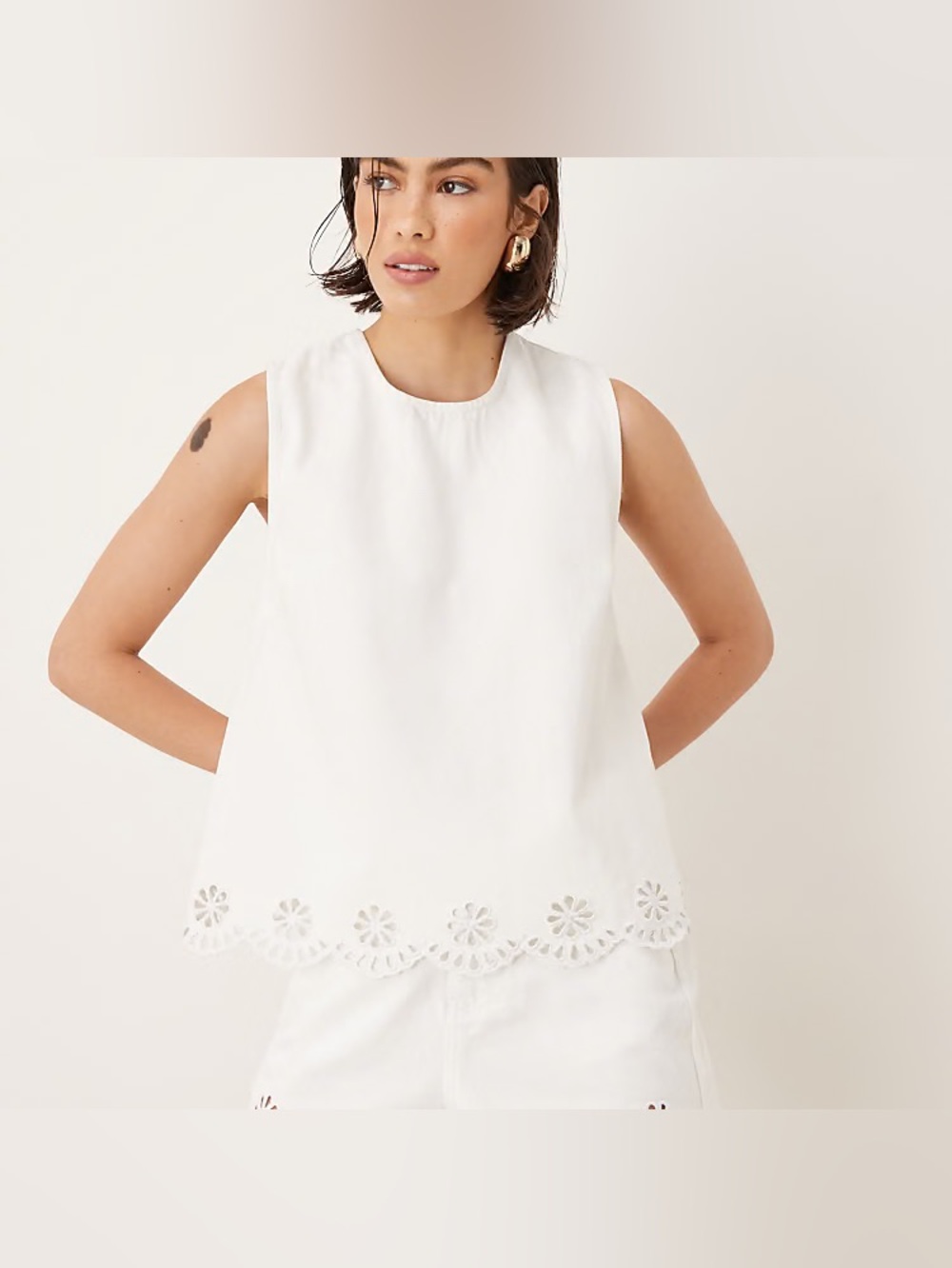 LOFT | Cream Sleeveless Tank with Laser-Cut Hem